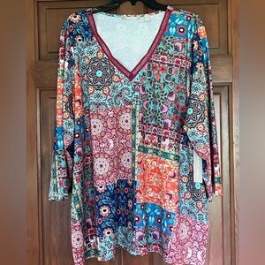 XXL Colorful Bohemian Patchwork V-Neck Top Brand New by Sunny Leigh.